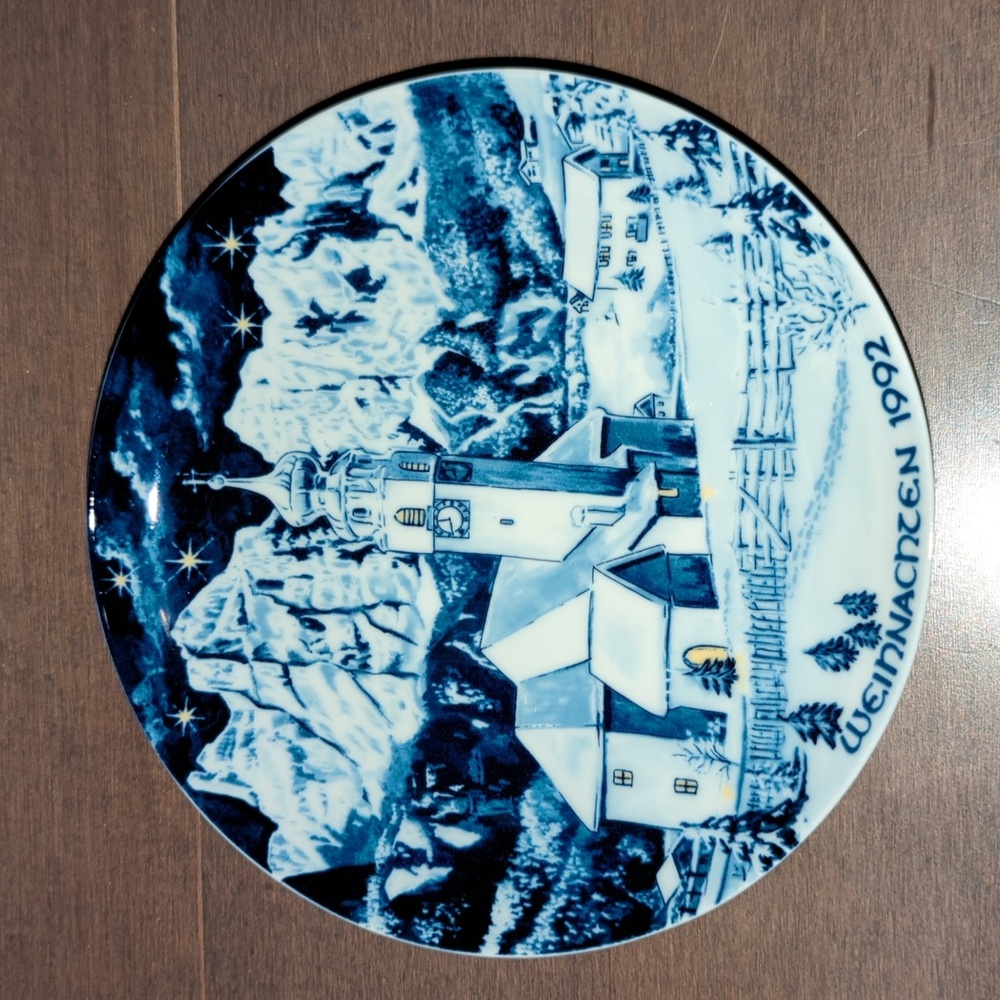 Bavarian Christmas 1992 8" plate, Chapel near Colfosco, Italy, in the Dolomites
